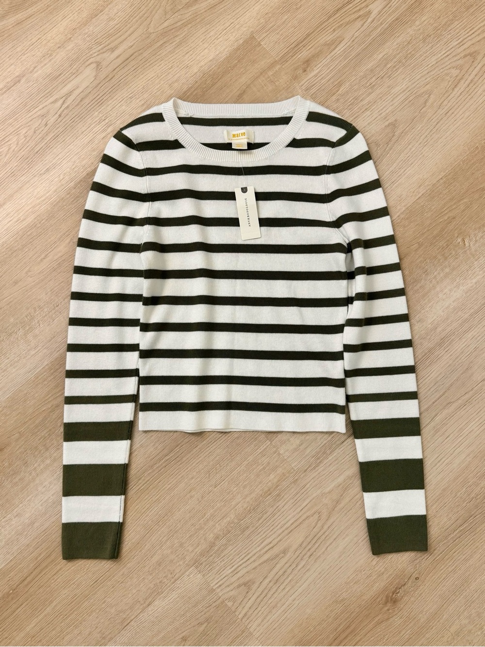 Maeve for Anthropologie Olive Green and White Striped Long Sleeve Knit Top